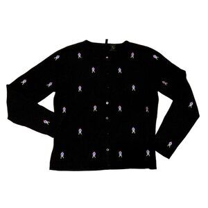 FABERGE EGG EMBROIDERED CARDIGAN SIZE M BLACK BUTTON FRONT LONG SLEEVE WOMENS